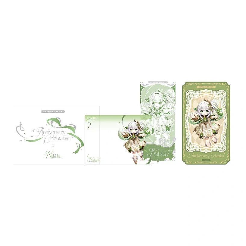 Nahida ticket card set in leaf green: envelope with name, photo card, line-art ticket and framed commemorative card