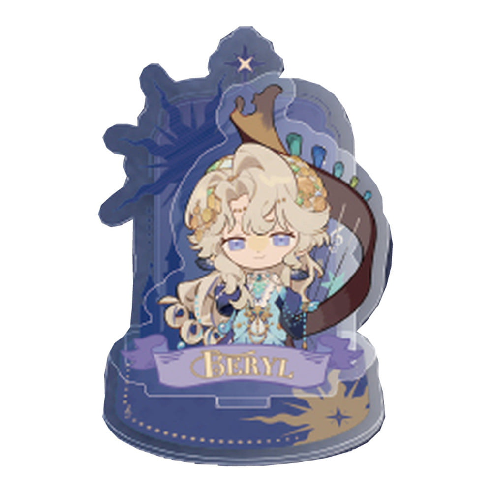 Beryl SD acrylic stand: chibi Beryl with a harp in an arched starry frame with a lilac name banner
