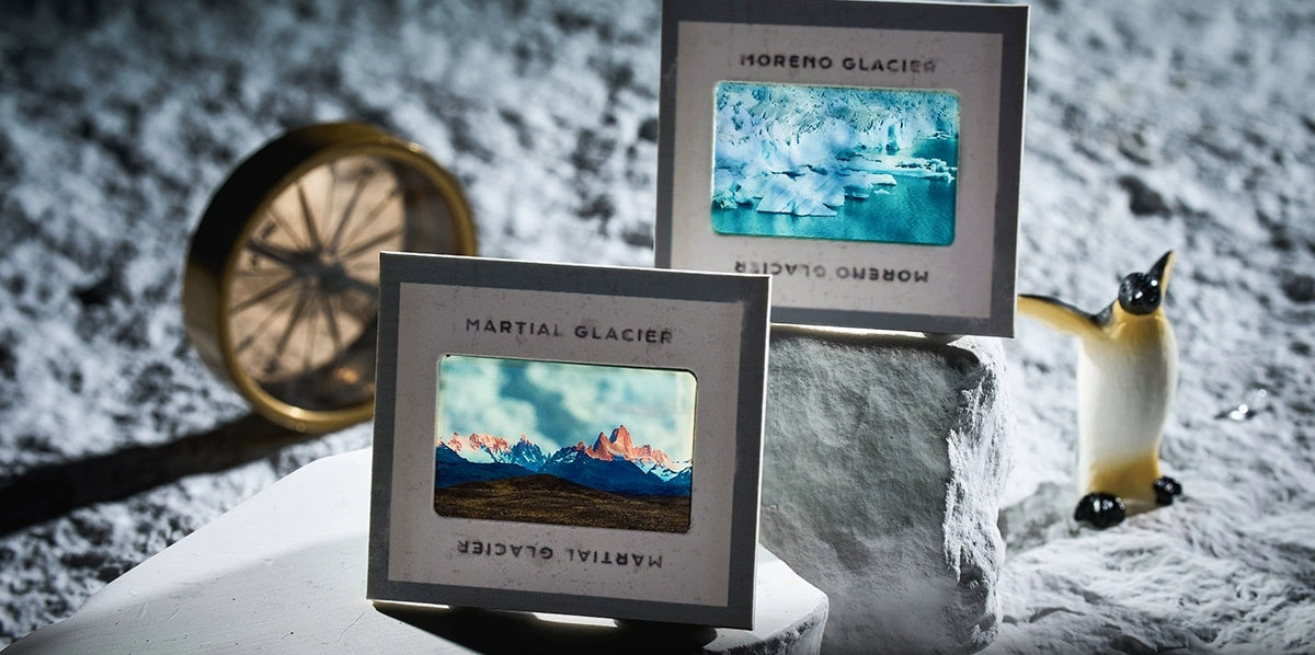 Two commemorative films in slide frames: Martial Glacier and Moreno Glacier
