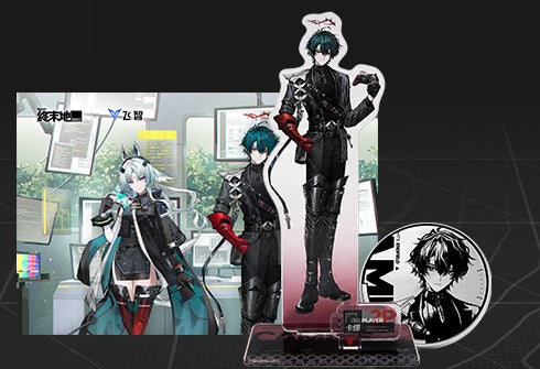 Camille acrylic stand, round metal badge and postcard showing Camille with Arcane