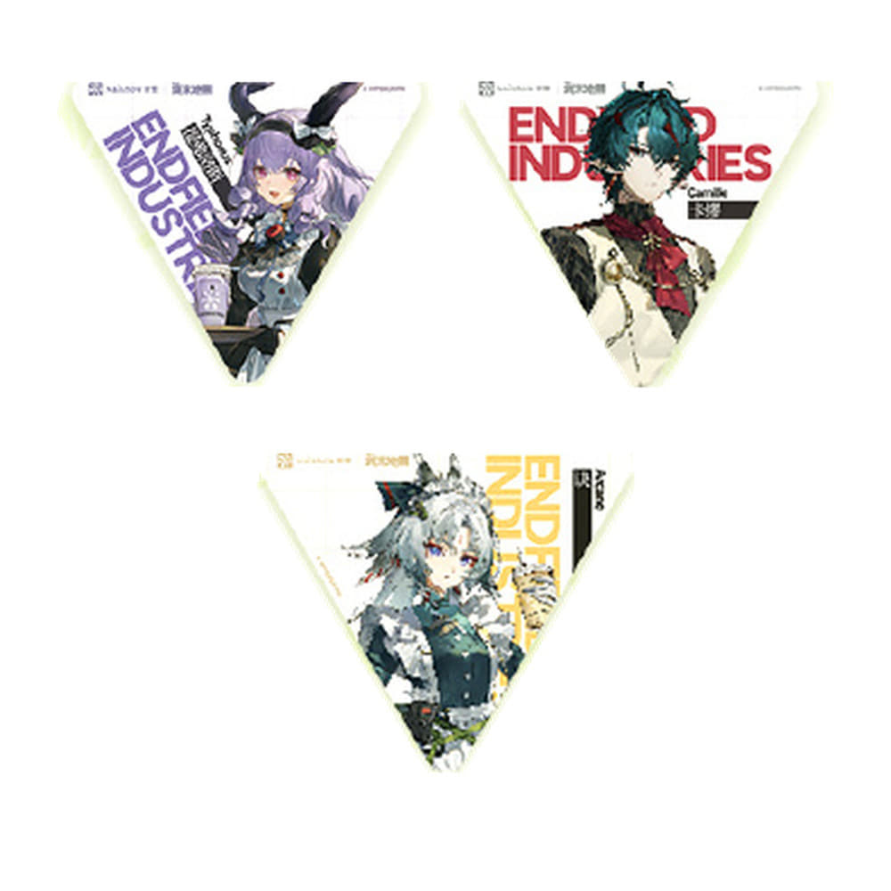 All three triangle badges: Typhoeus (purple), Camille (red) and Arcane (yellow) with ENDFIELD INDUSTRIES lettering