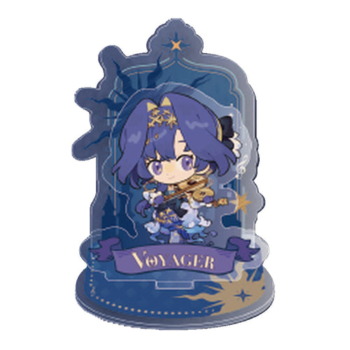 Voyager SD acrylic stand: chibi Voyager with a violin in an arched starry frame with a purple name banner