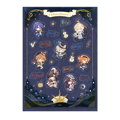 Navy sticker sheet with seven SD characters, their name logos, music motifs and a scroll banner at the top