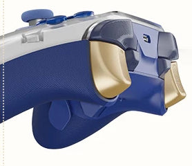 Side view of the blue grip and gold trigger.