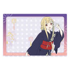 Kaguya in a navy yukata with a red obi, with fireworks on a purple and pink frame