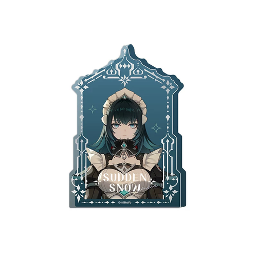 ダニカのアクリルブロック：メイドのヘッドドレスと制服姿、深い青緑のアーチ型フレームとSUDDEN SNOWロゴ