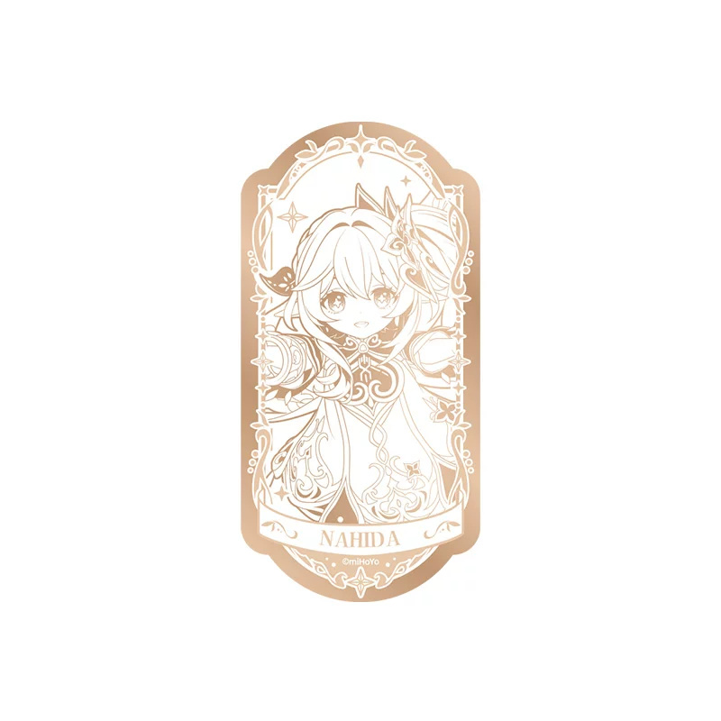 Nahida mirror badge: gold-toned line art of her with her arms outstretched, ornate frame and "NAHIDA" banner