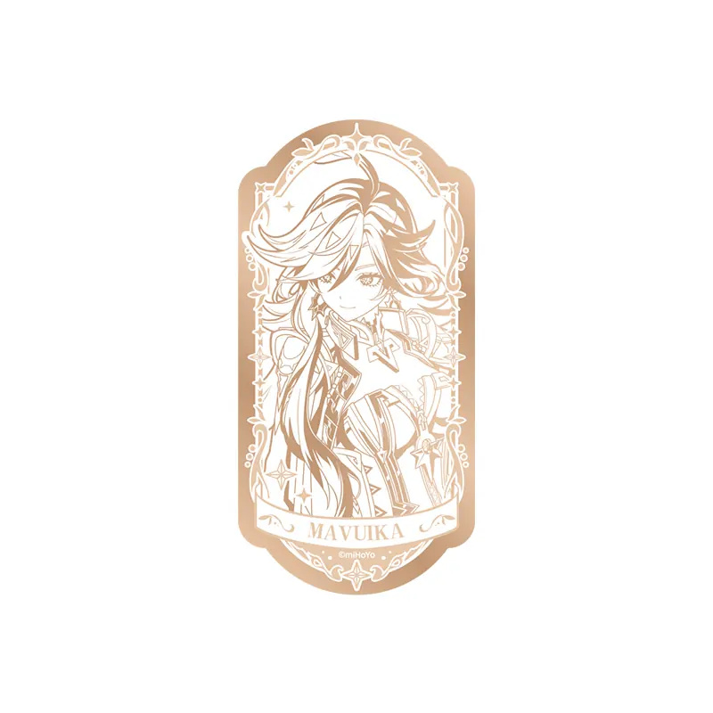 Mavuika mirror badge: gold-toned line art of her with flowing hair, ornate frame and "MAVUIKA" banner