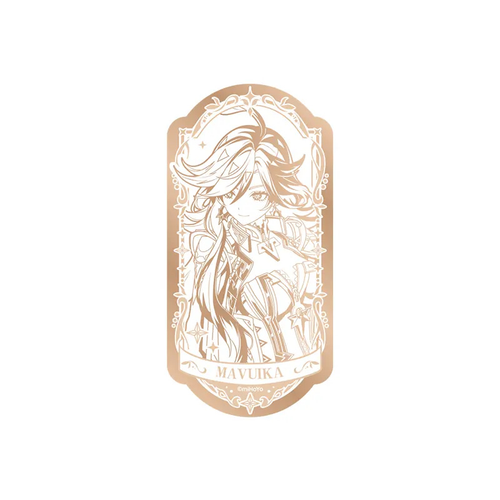 Mavuika mirror badge: gold-toned line art of her with flowing hair, ornate frame and "MAVUIKA" banner