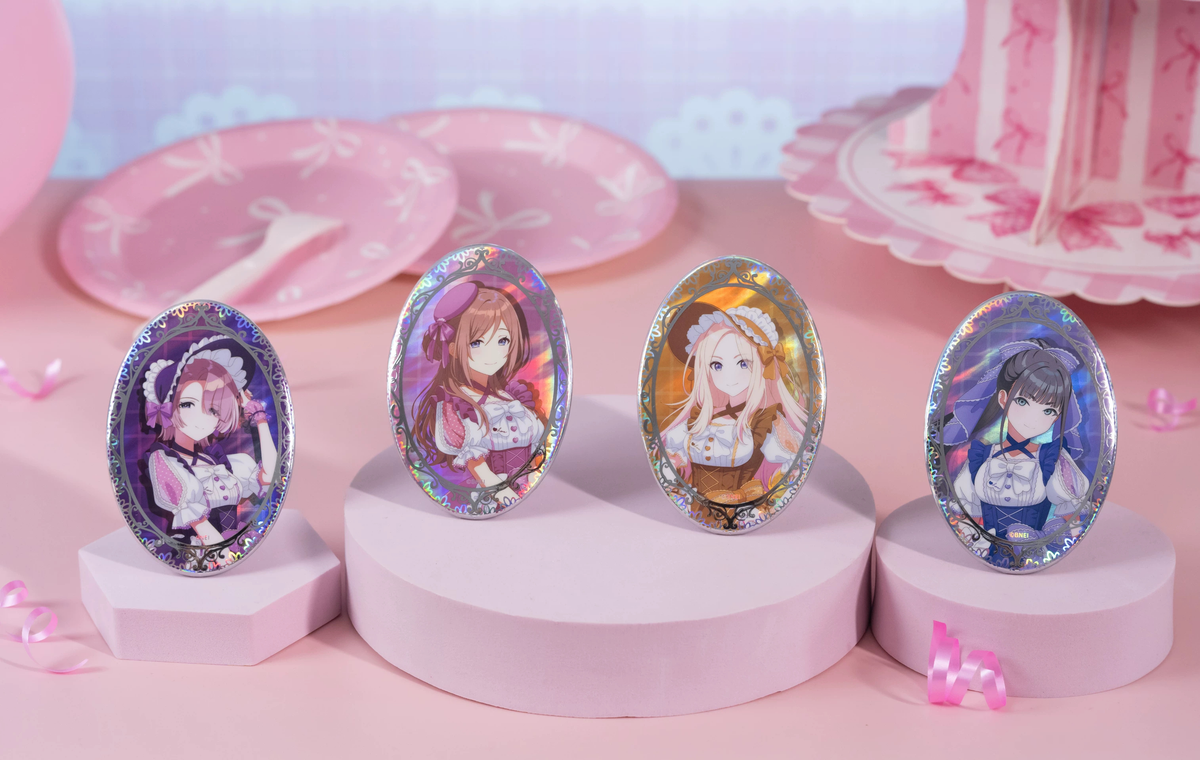 Rinami Himesaki badge (second from left) with three other characters' badges from the series; only Rinami's badge is included