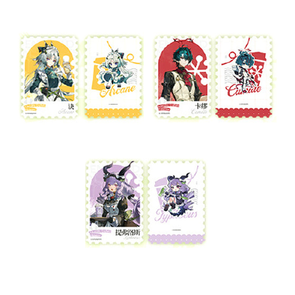 All three foil cards, front and back: Arcane (yellow), Camille (red) and Typhoeus (purple) in stamp-style frames
