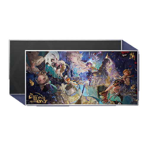 Concert acrylic art board with an illustration of seven characters above a night city, in front of a dark patterned panel