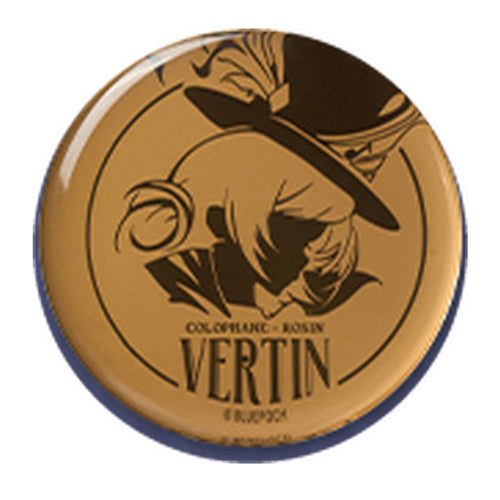 Round amber acrylic block with a silhouette portrait of Vertin and the text COLOPHANE · ROSIN VERTIN