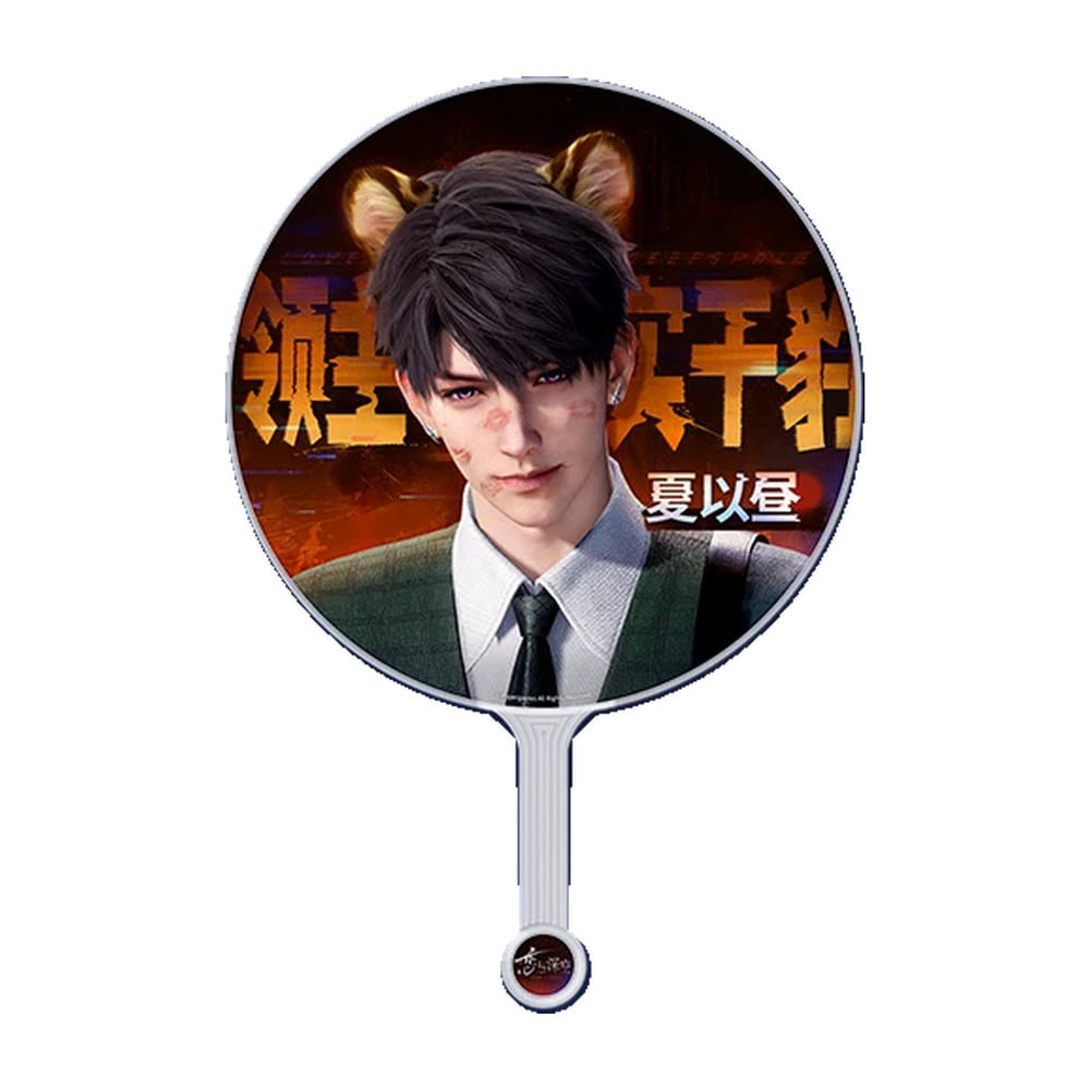 Round Caleb portrait fan with warm amber lettering and a long handle