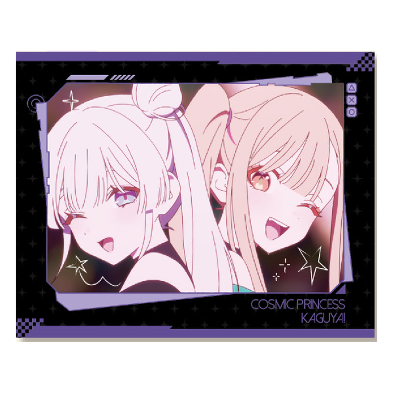 Example 16: film scene of Yachiyo Runami and Kaguya cheek to cheek, winking, in a purple and black frame