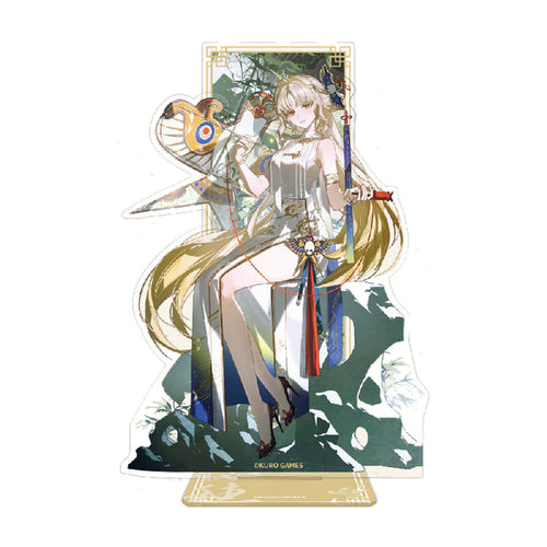 Suisui acrylic stand: seated on a rock with a kite in front of a lattice-framed panel, on a gold base