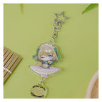 Acrylic keychain: chibi Kaede Takagaki on a bowl-shaped base, winking with a plate of green treats; star clasp and logo charm