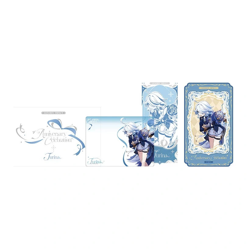 Furina ticket card set in blue: envelope with name, photo card, line-art ticket and framed commemorative card