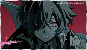 Postcard A: close-up of Lohen smirking on a crimson background