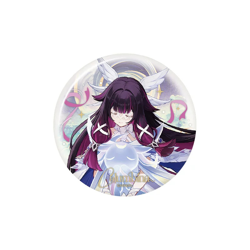 Columbina button badge: eyes closed, holding a crescent-marked creature amid pink ribbons; gold "Columbina" lettering