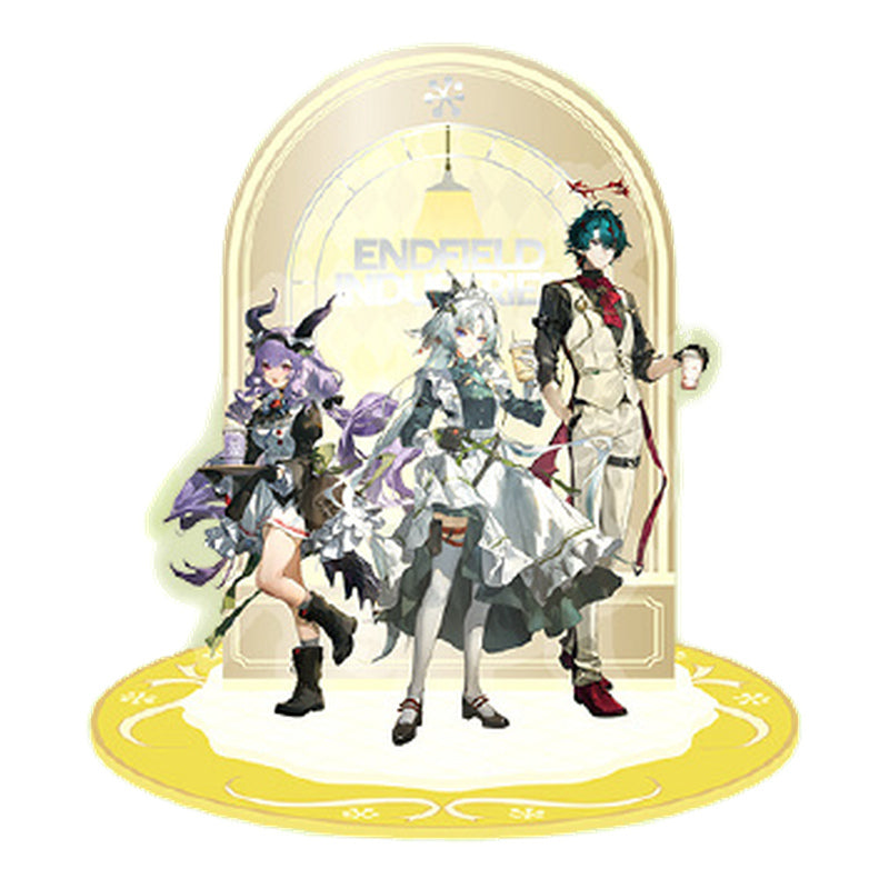 Rotating acrylic stand of Typhoeus, Arcane and Camille on a round yellow base