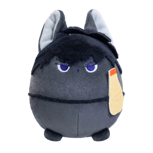 Toshiro Hijikata dark grey egg-shaped plush with pointed ears, black hair and a mayonnaise bottle patch