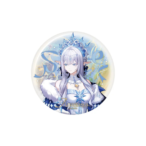 Anastasya button badge: ice-crystal crown and white fur stole amid pale blue ribbons; gold "Anastasya" lettering