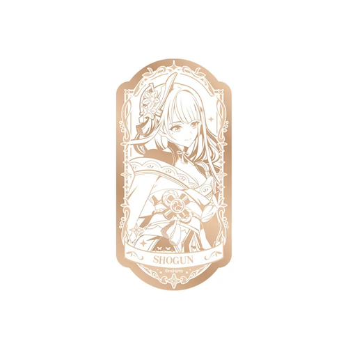 Raiden Shogun mirror badge: gold-toned line art of her with a flower hair ornament, ornate frame and "SHOGUN" banner
