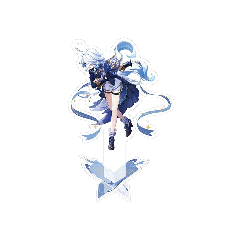 Furina acrylic stand: leaning forward with her top hat amid blue ribbons, on a blue base