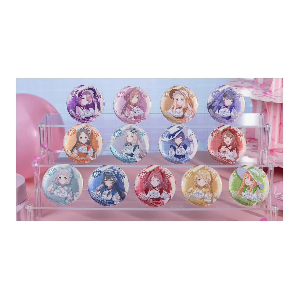 All 13 round badge designs on a clear three-tier stand (stand and props not included)