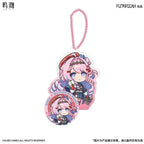 Denia Wuthering Waves chibi acrylic stand & badge set. A chibi acrylic piece with a coloured ball chain is paired with a round badge in the same character design.