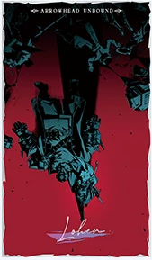 Postcard B: vertical crimson design with a dark armoured figure falling among debris