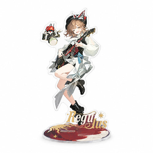 Regulus acrylic stand: Regulus leaping with an electric guitar, on a red base with her name in gold