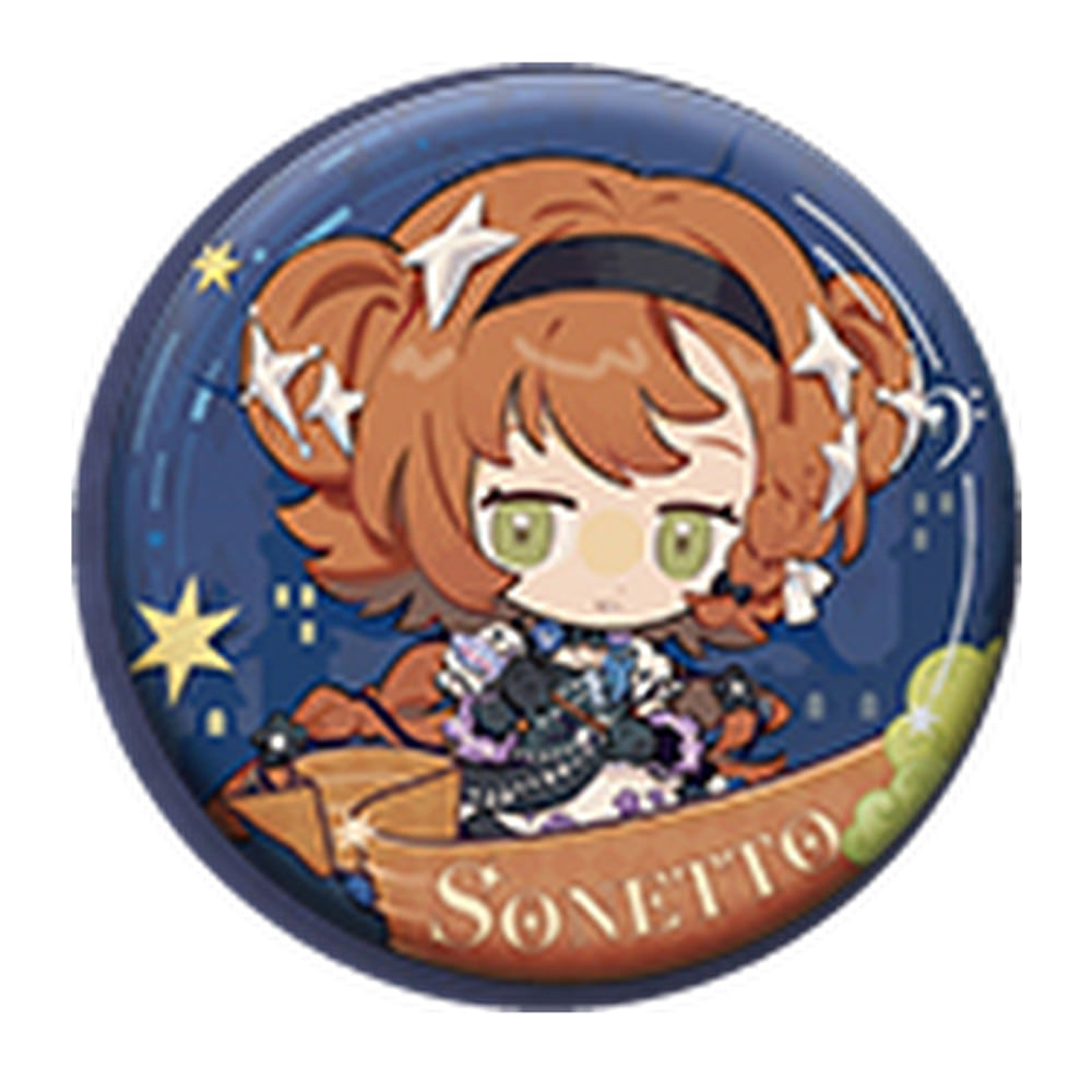 Round SD can badge: chibi Sonetto with star hair clips, with a SONETTO ribbon on dark blue