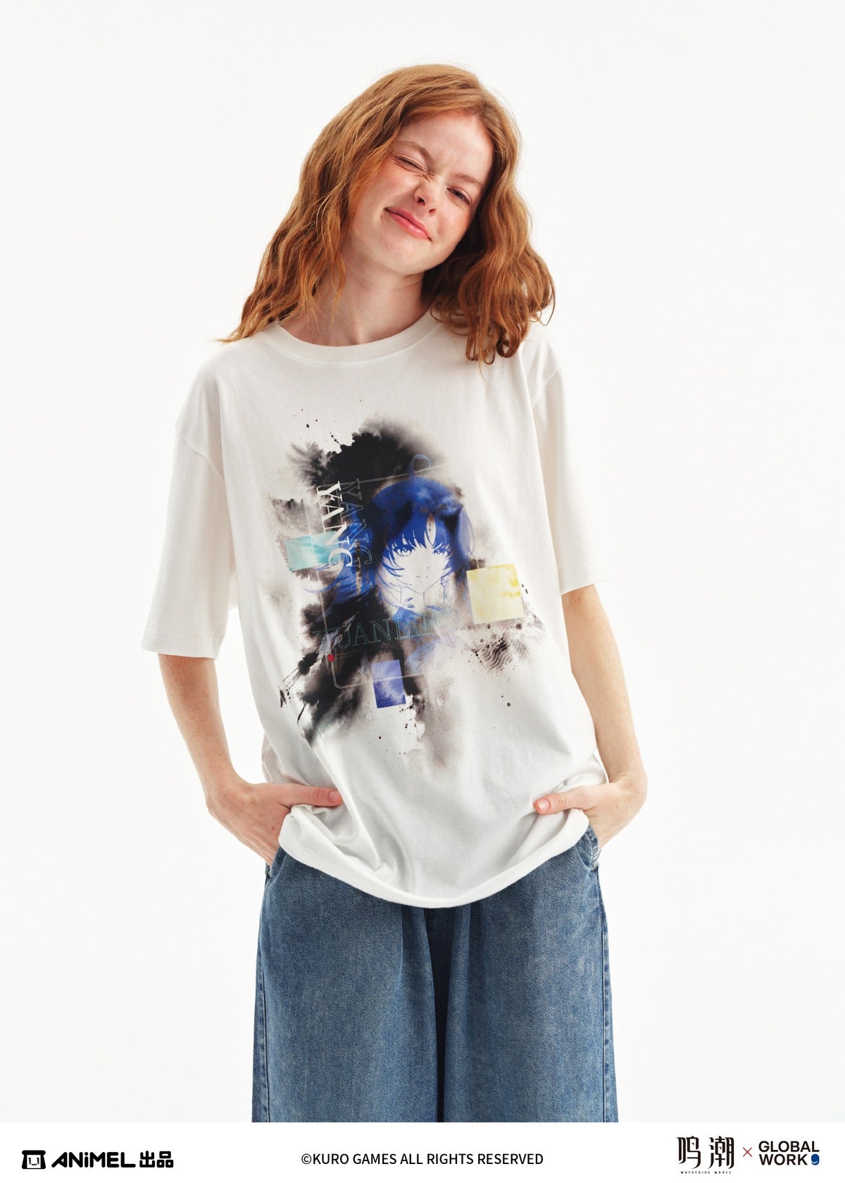 Model wearing the T-shirt, showing the ink-wash Yangyang: Xuanling print on the front