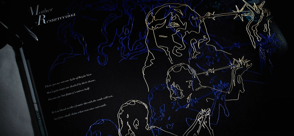 Lyric book inner page with gold and blue line art on black