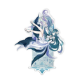Vodyanitsa acrylic stand: floating with long teal hair and white flowers before a pale-teal emblem arch