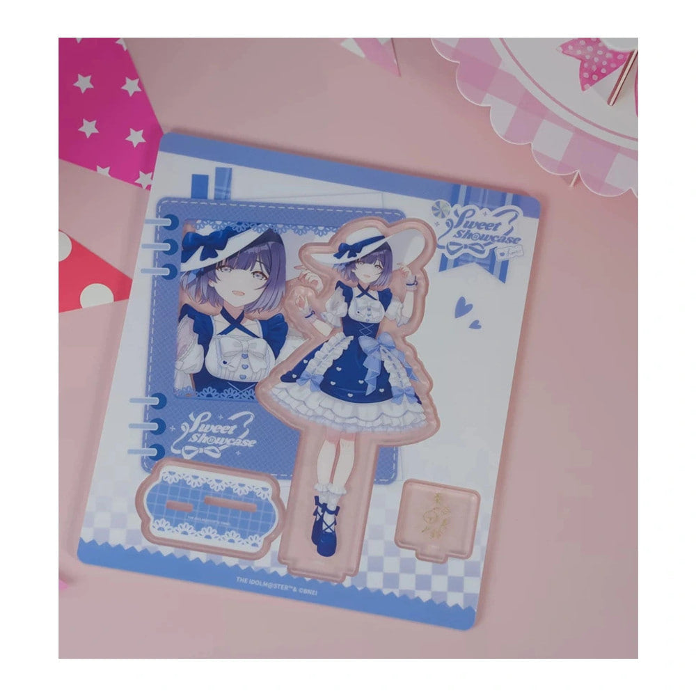Acrylic stand parts on the printed sheet: Misuzu Hataya figure in a navy lolita dress, base and signature plate