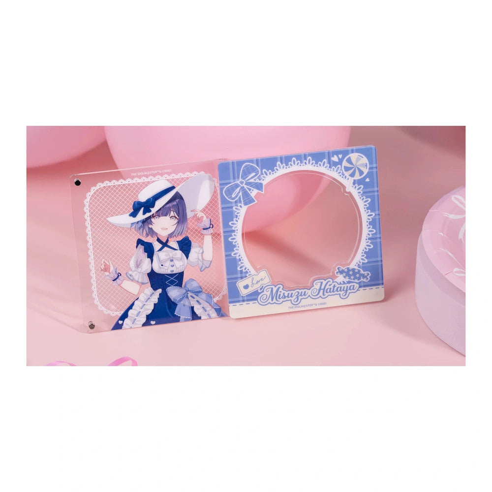 Misuzu Hataya magnet in two parts: clear illustration plate (left) and blue plaid name frame (right)