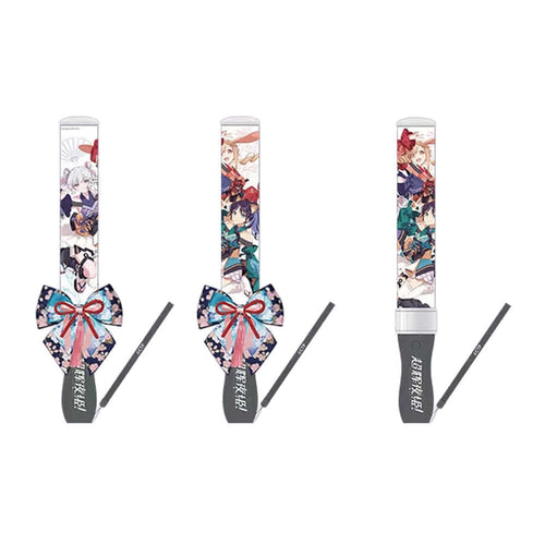 Three views of the same light stick: Yachiyo on one side, Kaguya and Iroha on the others, with a ribbon bow and strap