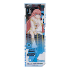 CHU² acrylic laser ticket in light blue: CHU² seated on a wire-frame cube with her chin in her hand