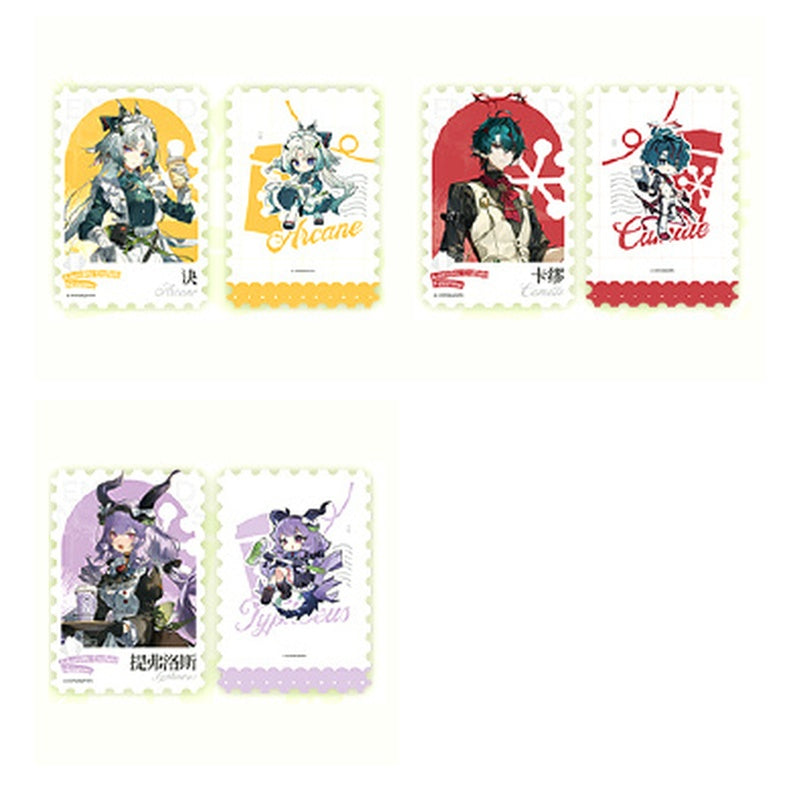 Foil cards of Arcane, Camille and Typhoeus in stamp-style frames, each shown front and back