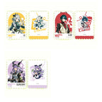 Foil cards of Arcane, Camille and Typhoeus in stamp-style frames, each shown front and back