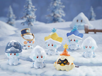 Another group of Jack Frost figures in caps, helmets and pointed hats on a snowy set