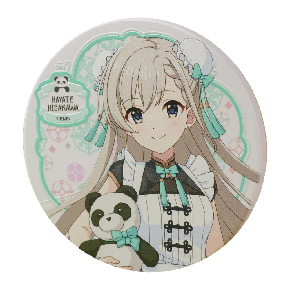 Round coaster: Hayate Hisakawa in a Chinese-style maid outfit, holding a panda plush