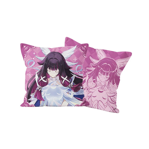 Columbina filled cushion front and line-art back: Columbina holding a round white creature on pink diamond checks