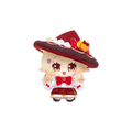 赤い魔女の衣装と、かぼちゃ飾り付きのつば広の魔女帽子のクレーのぬいぐるみ