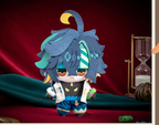 Kinich plush on a red velvet backdrop beside an hourglass (props not included)