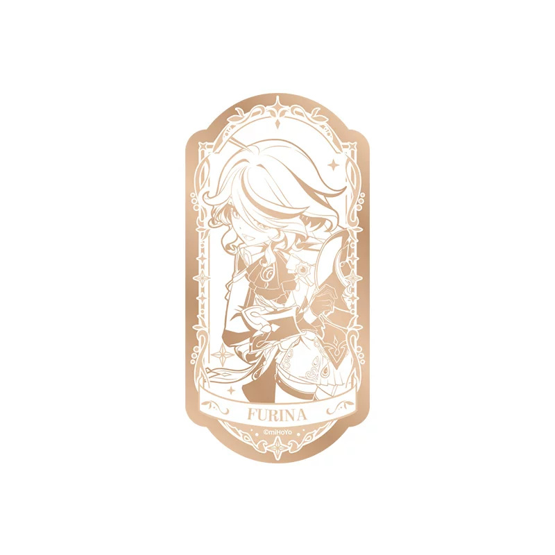 Furina mirror badge: gold-toned line art of her holding her top hat, ornate frame and "FURINA" banner