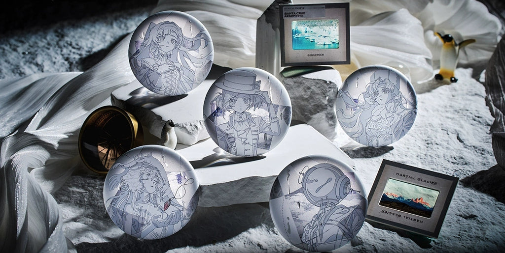 The five character badges with greyscale artwork, shown with the commemorative films